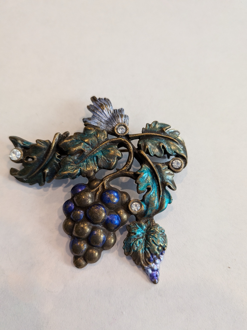 Vintage-Inspired Grape Cluster Brooch in Blue-Green Patina